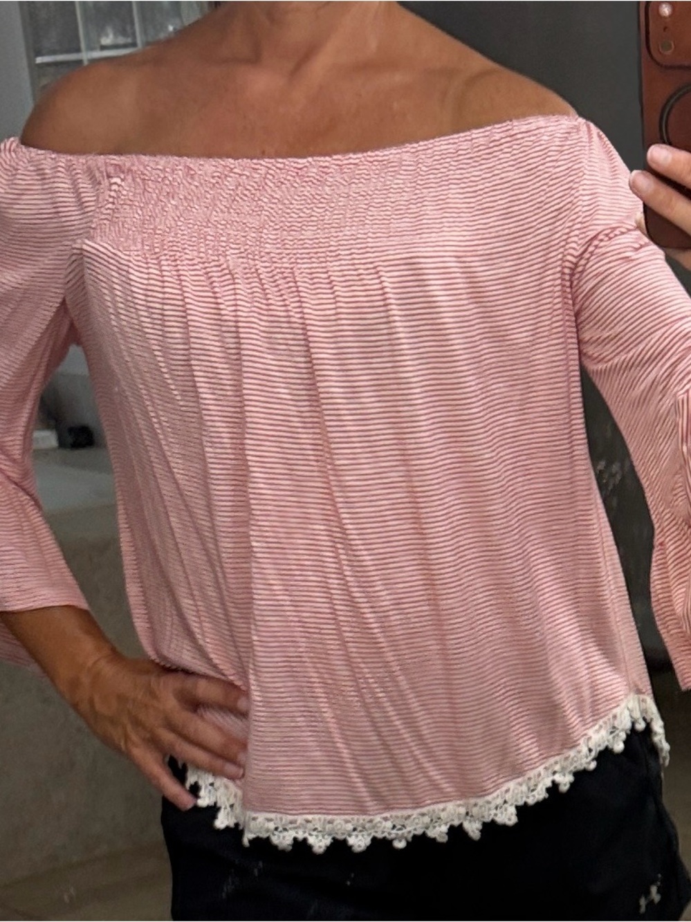 Eyeshadow Red Striped Off-Shoulder Tunic with Crochet Hem